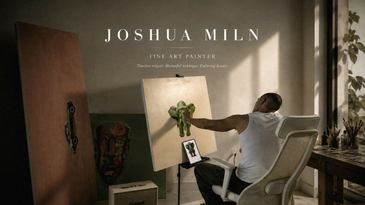 Joshua Miln painting an elephant in the studio